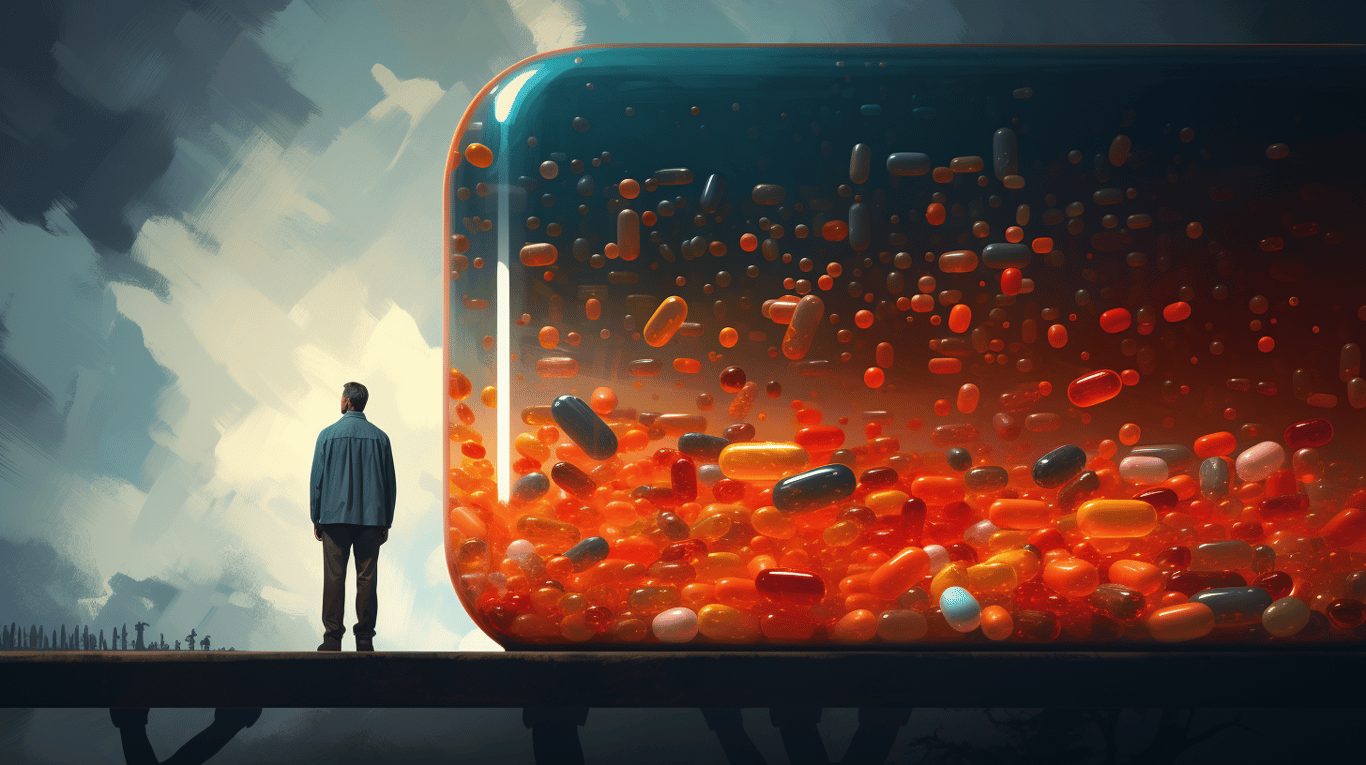 abstract image of a researcher studying a bottle of drug.