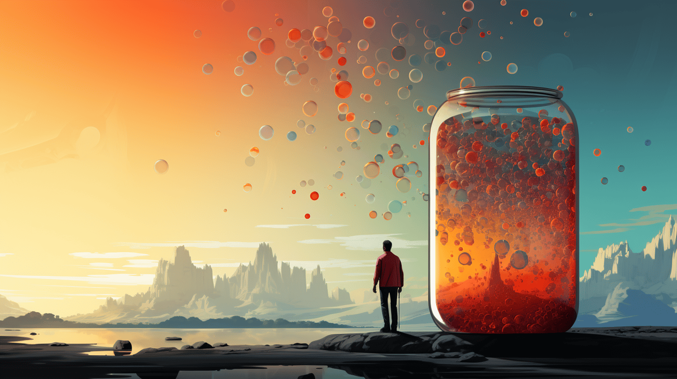 abstract image of a researcher studying a bottle of drug.