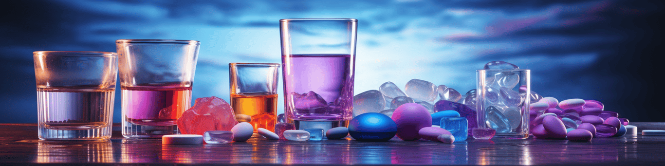 image of drug pills surrounding a glass of water symbolizing drug consumption