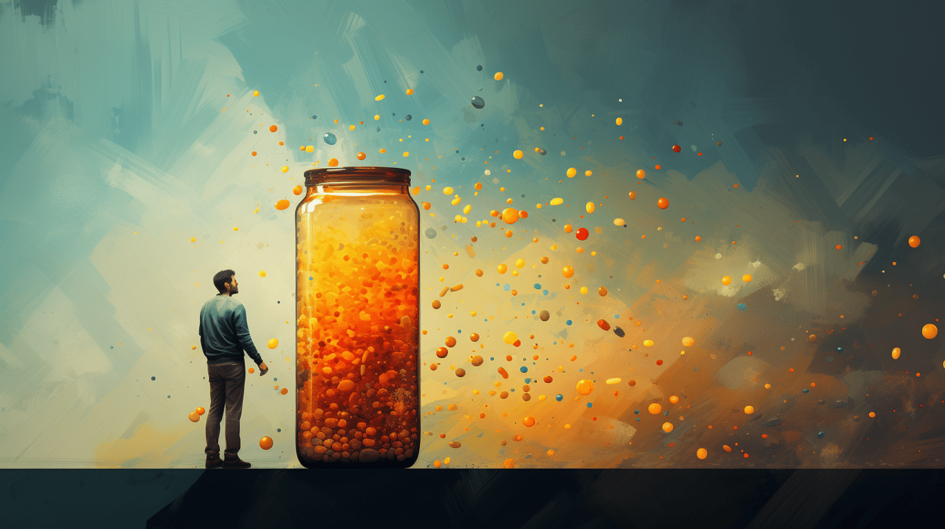 abstract image of a researcher studying a bottle of drug.