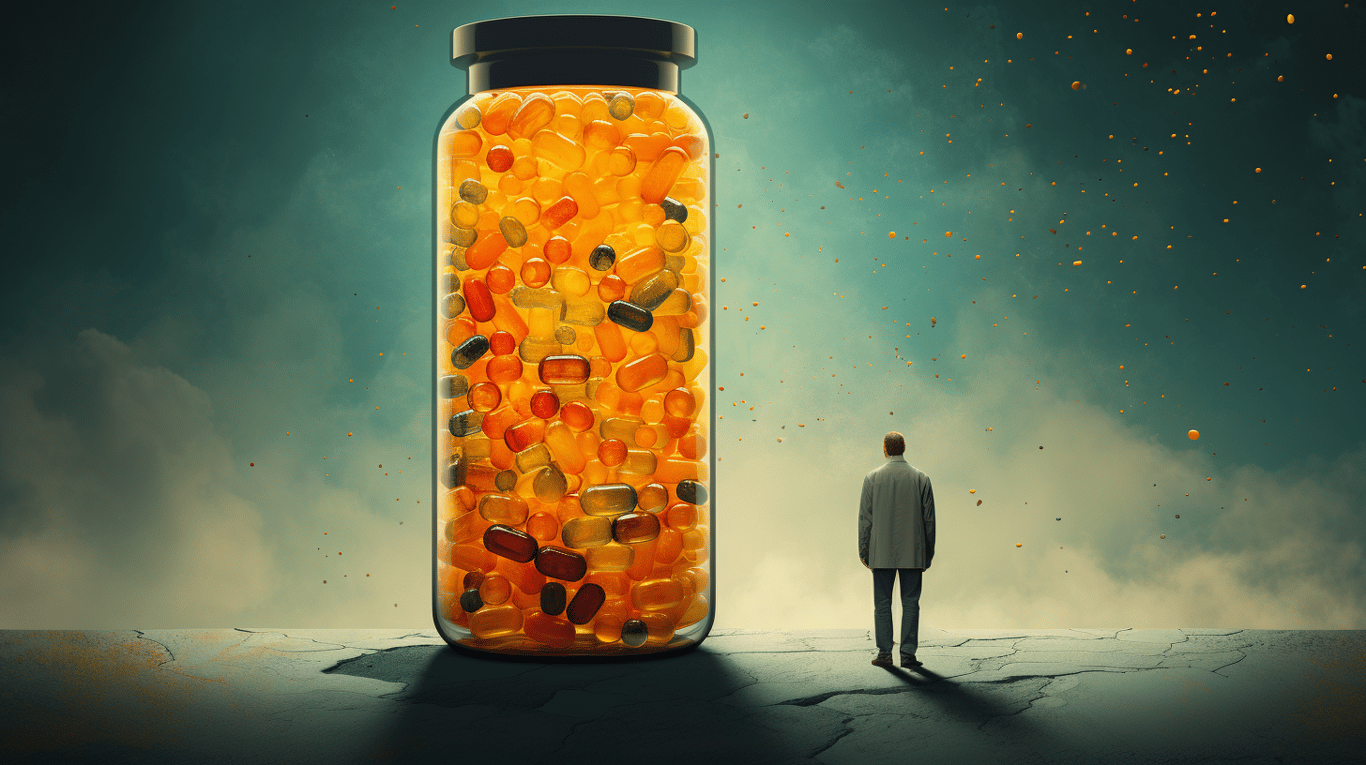abstract image of a researcher studying a bottle of drug.