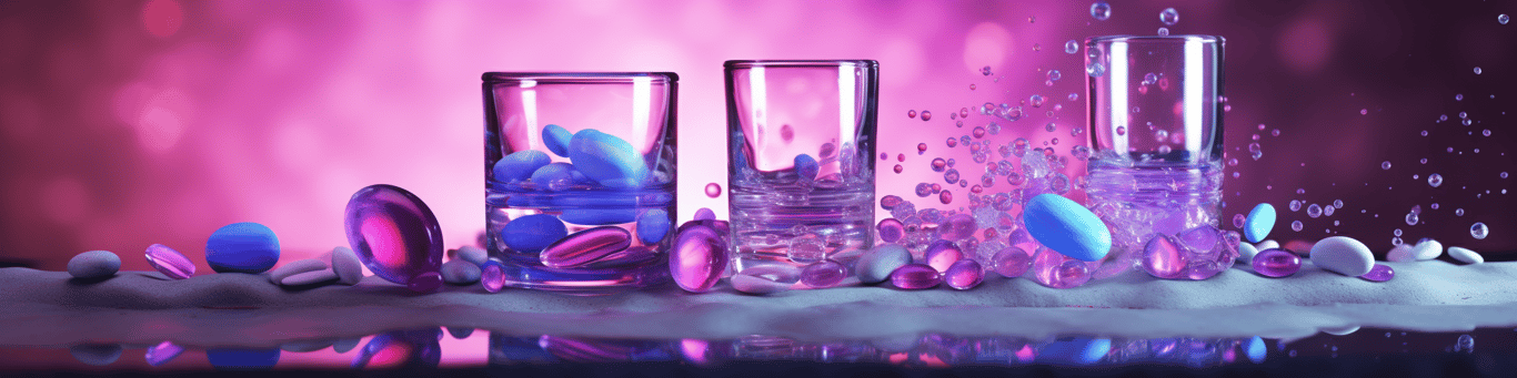 image of drug pills surrounding a glass of water symbolizing drug consumption