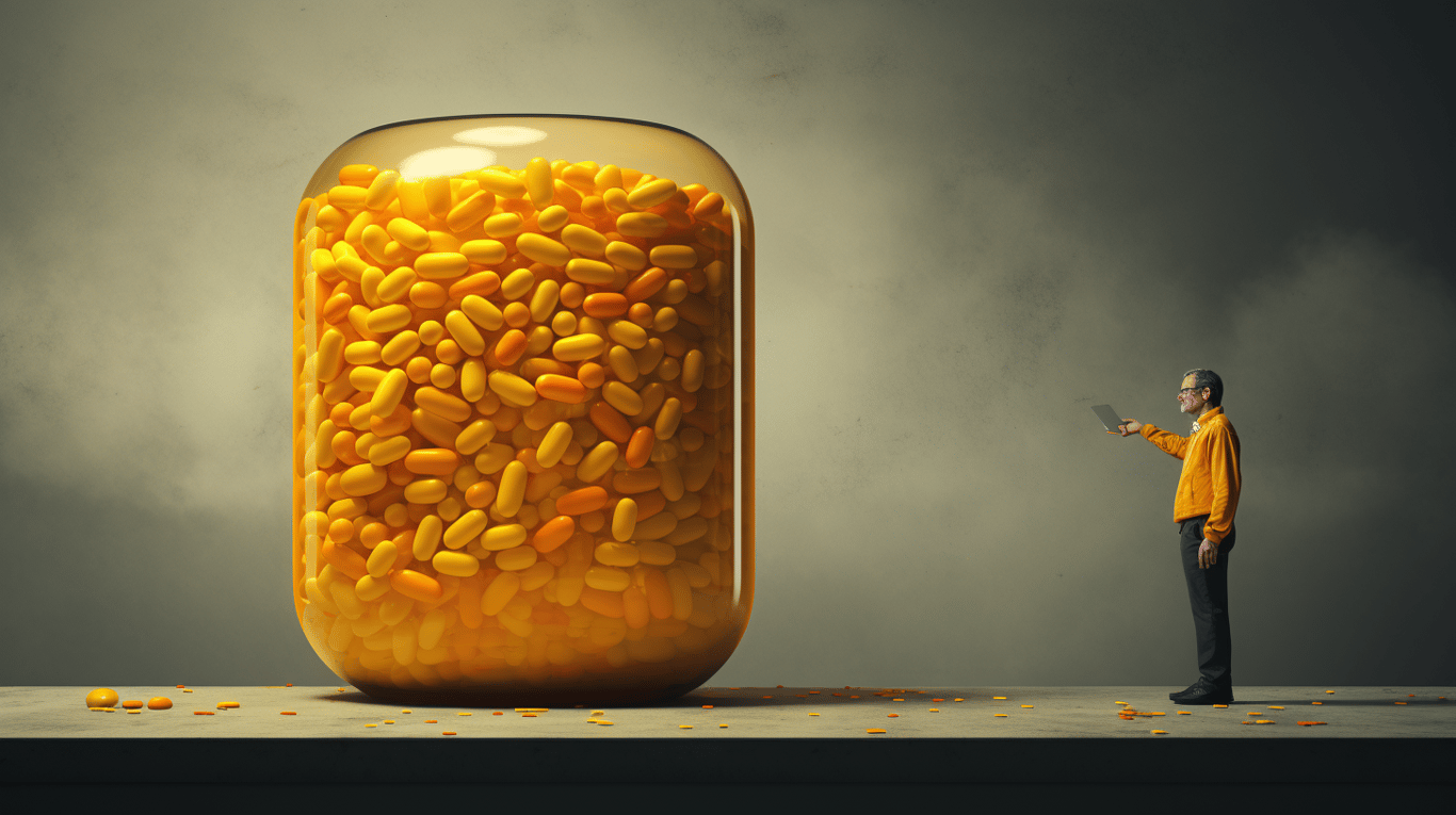 abstract image of a researcher studying a bottle of drug.