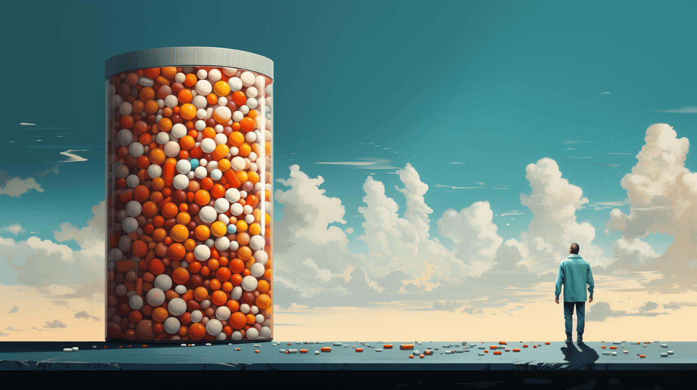 abstract image of a researcher studying a bottle of drug.