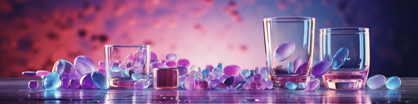 image of drug pills surrounding a glass of water symbolizing drug consumption