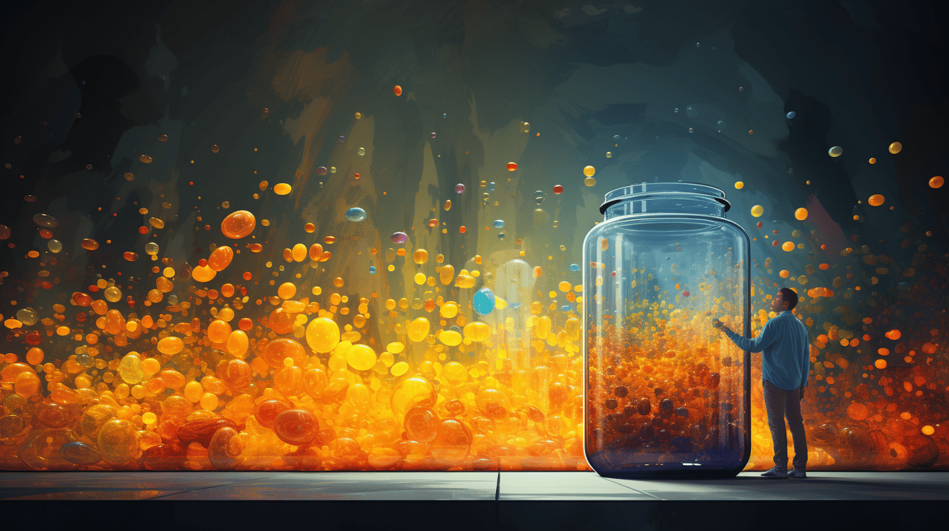 abstract image of a researcher studying a bottle of drug.