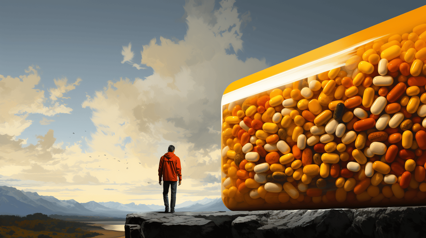 abstract image of a researcher studying a bottle of drug.