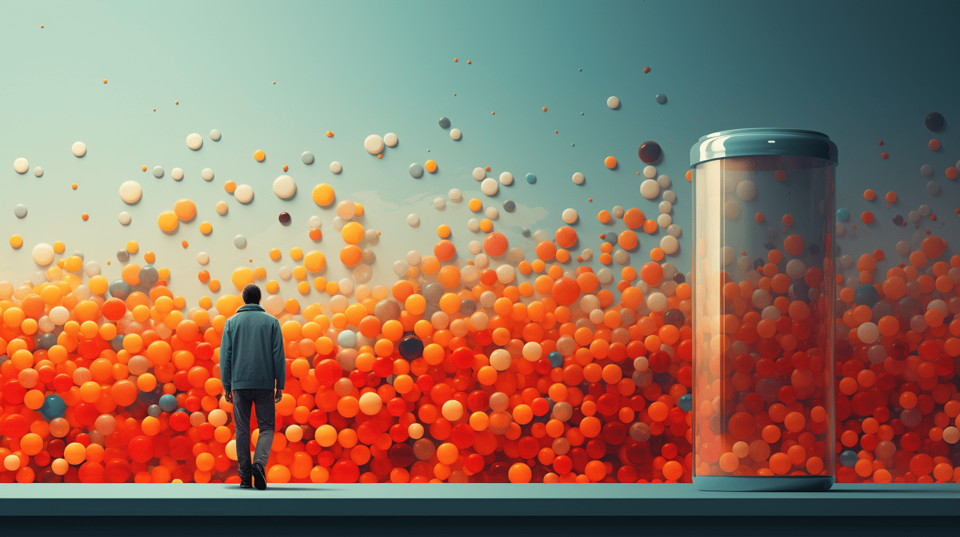 abstract image of a researcher studying a bottle of drug.