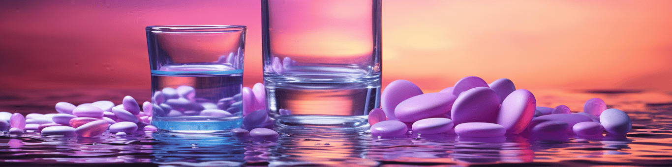 image of drug pills surrounding a glass of water symbolizing drug consumption