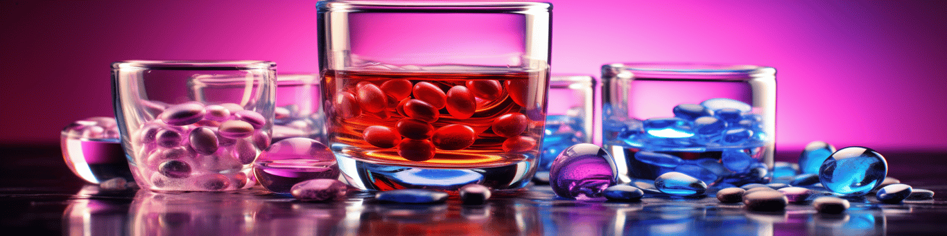 image of drug pills surrounding a glass of water symbolizing drug consumption