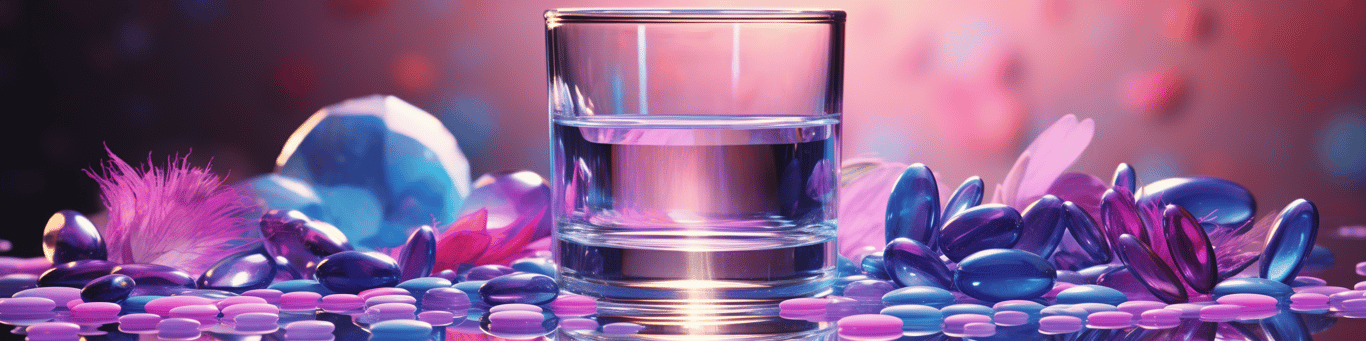 image of drug pills surrounding a glass of water symbolizing drug consumption
