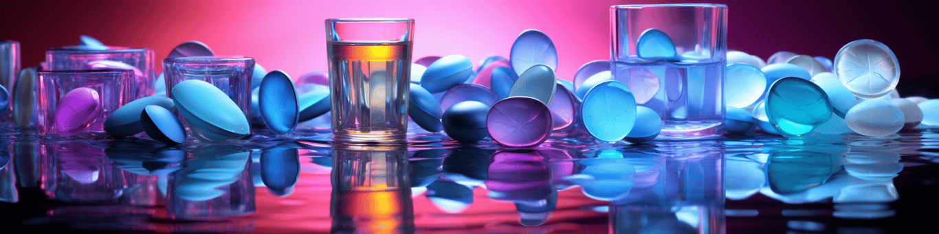 image of drug pills surrounding a glass of water symbolizing drug consumption