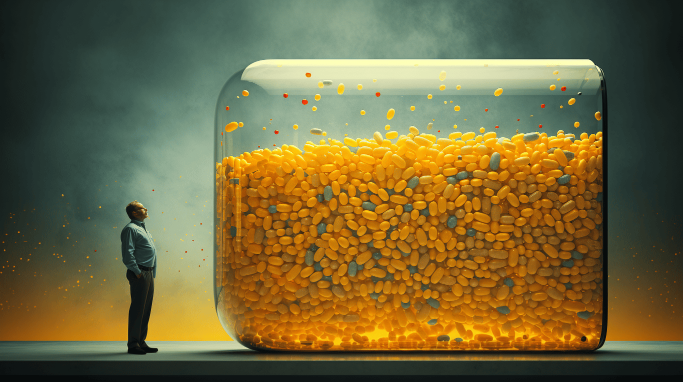 abstract image of a researcher studying a bottle of drug.