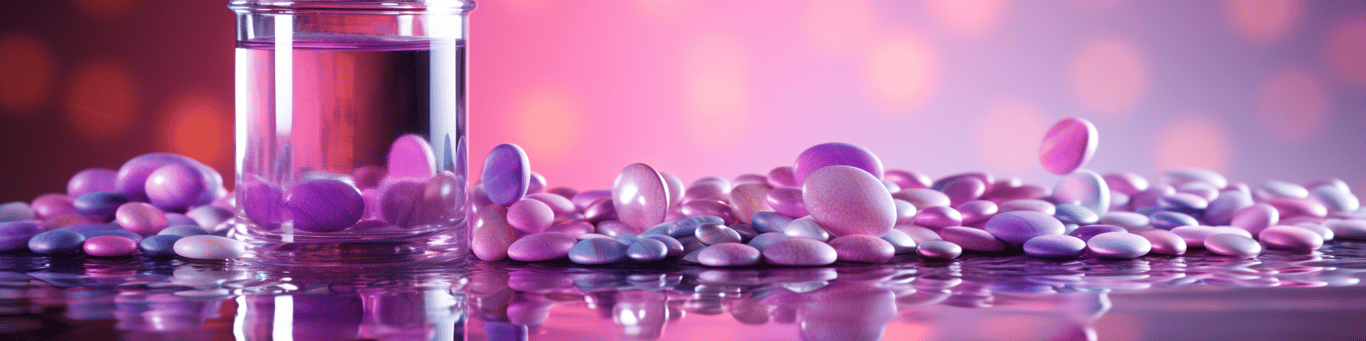 image of drug pills surrounding a glass of water symbolizing drug consumption