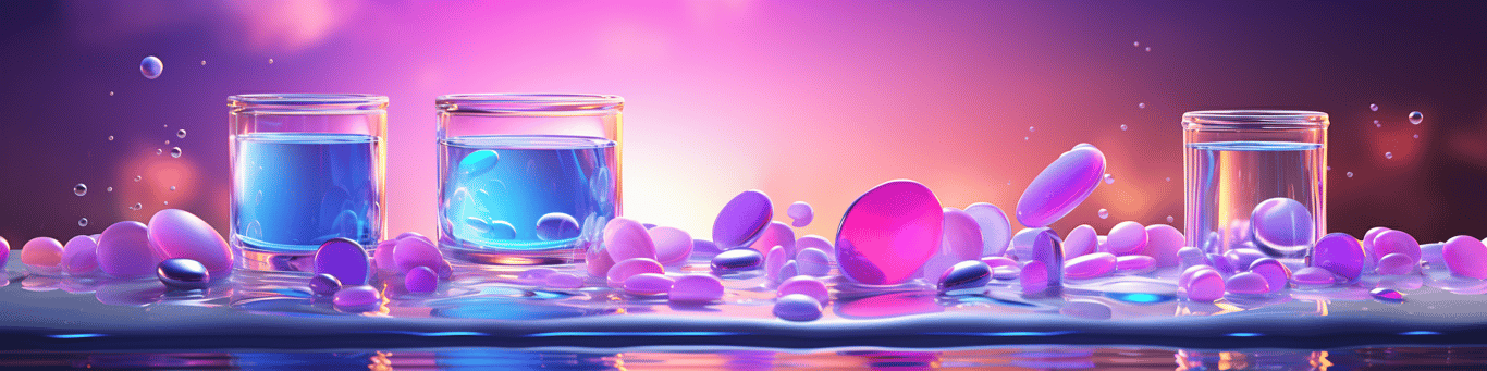 image of drug pills surrounding a glass of water symbolizing drug consumption