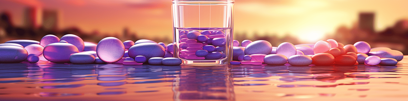 image of drug pills surrounding a glass of water symbolizing drug consumption