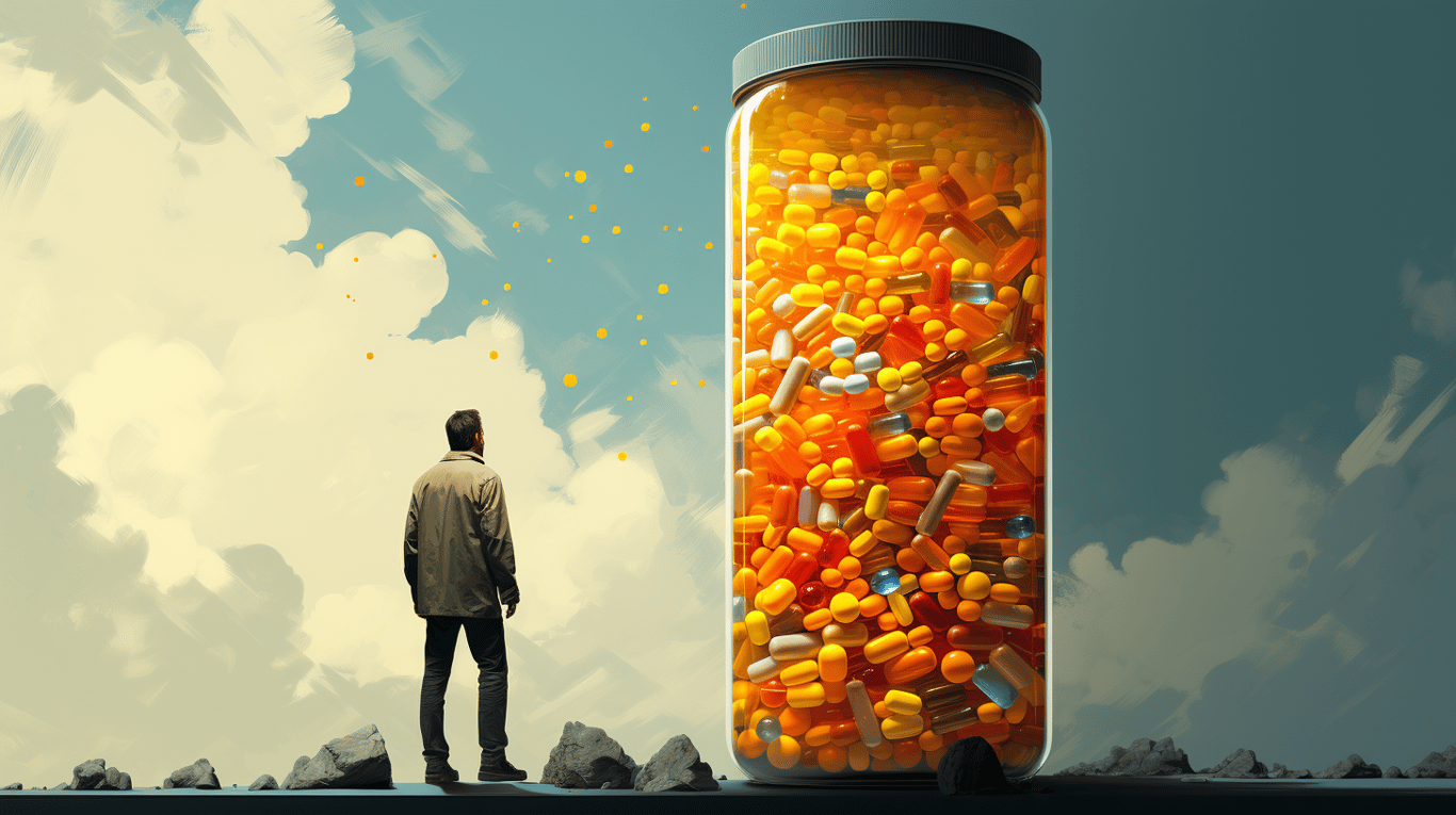 abstract image of a researcher studying a bottle of drug.