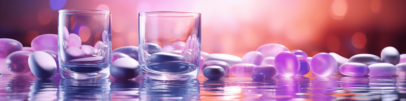 image of drug pills surrounding a glass of water symbolizing drug consumption