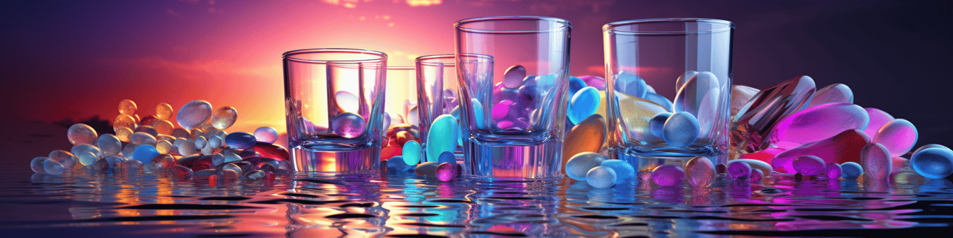 image of drug pills surrounding a glass of water symbolizing drug consumption