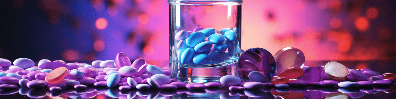 image of drug pills surrounding a glass of water symbolizing drug consumption