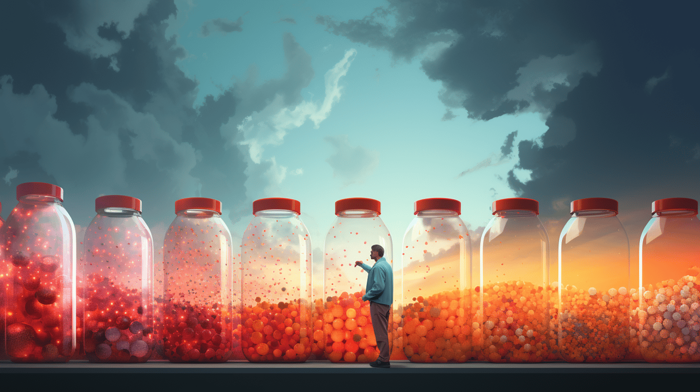 abstract image of a researcher studying a bottle of drug.