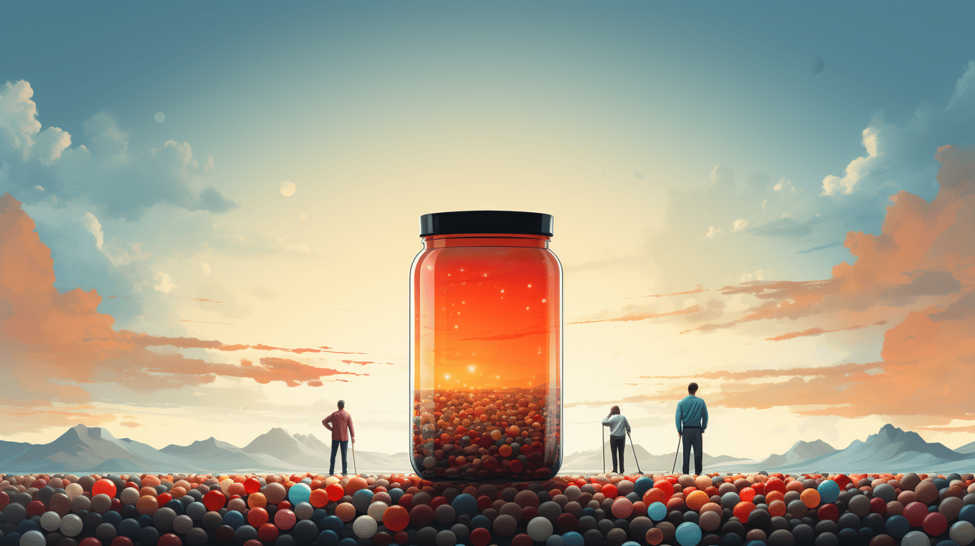 abstract image of a researcher studying a bottle of drug.