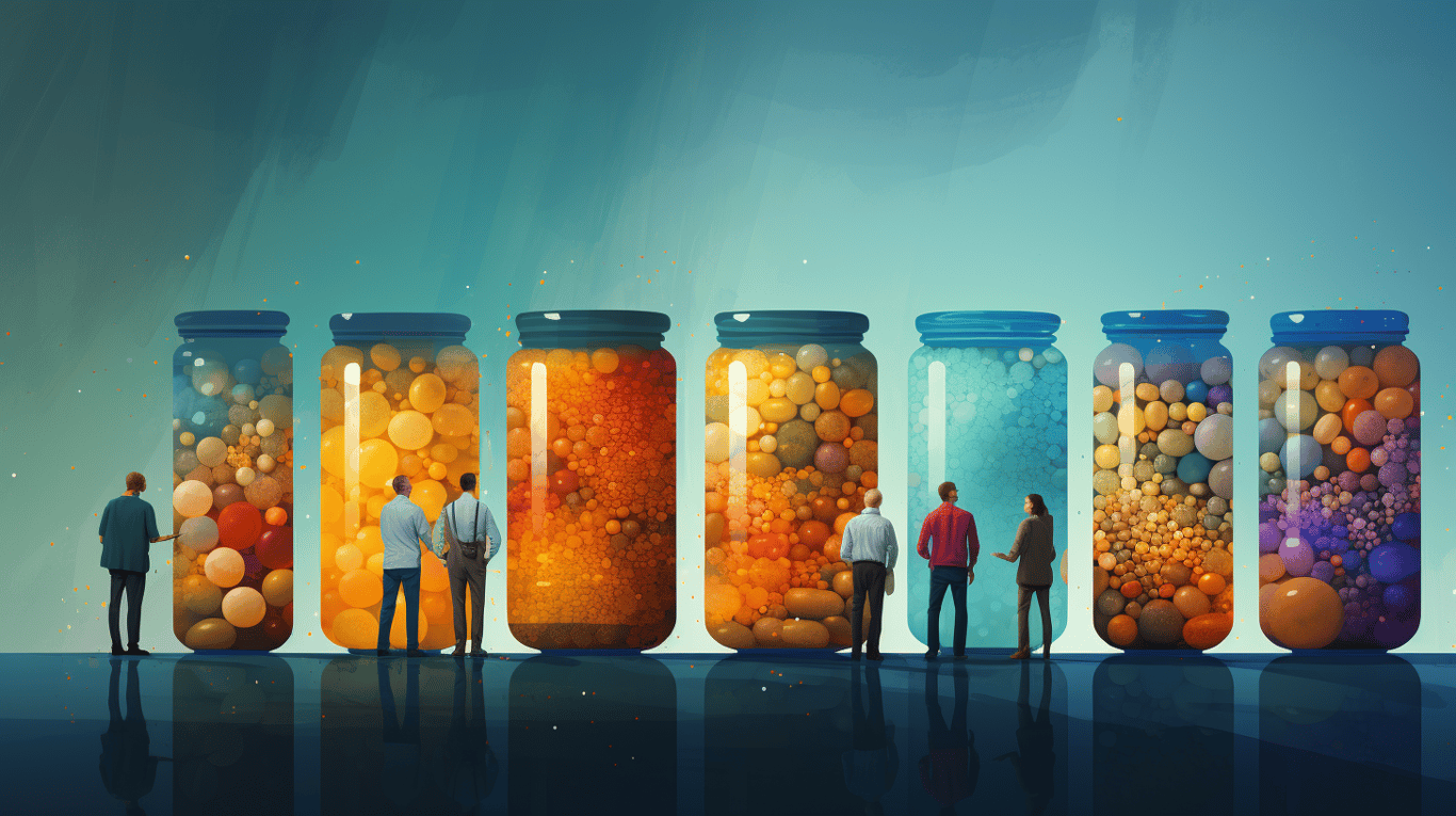 abstract image of a researcher studying a bottle of drug.