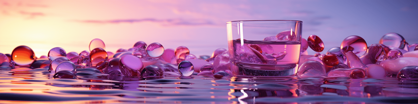 image of drug pills surrounding a glass of water symbolizing drug consumption