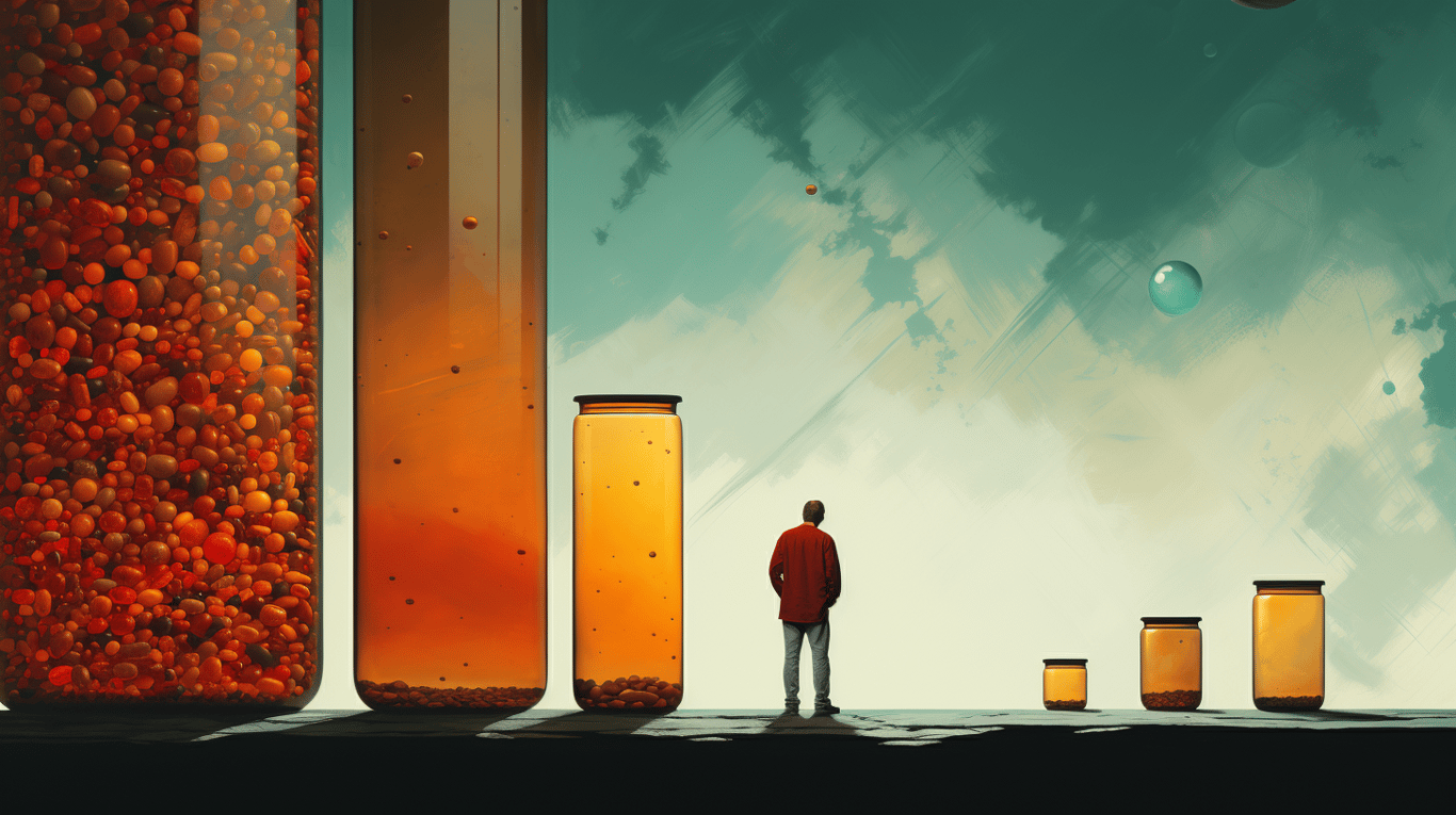 abstract image of a researcher studying a bottle of drug.