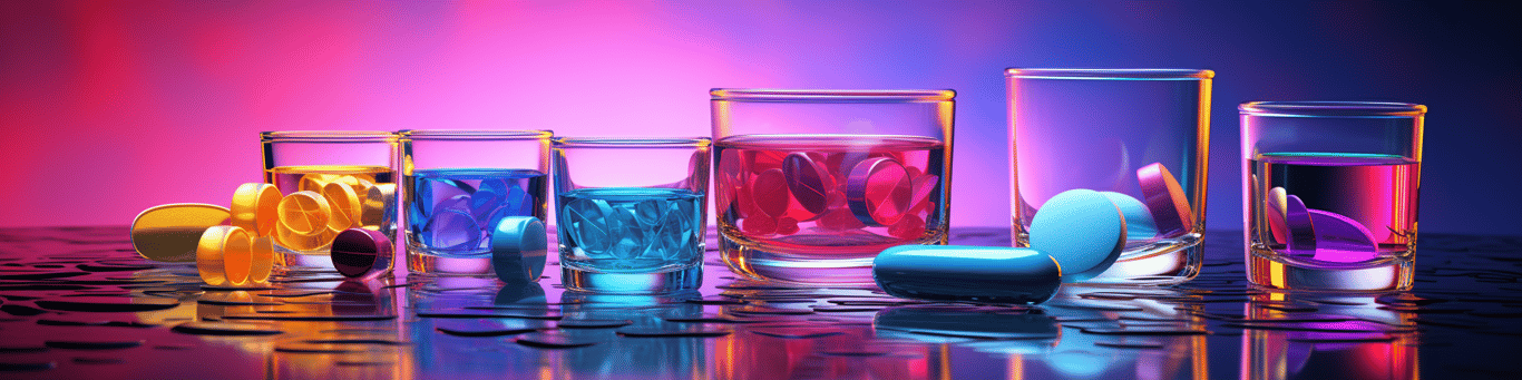image of drug pills surrounding a glass of water symbolizing drug consumption