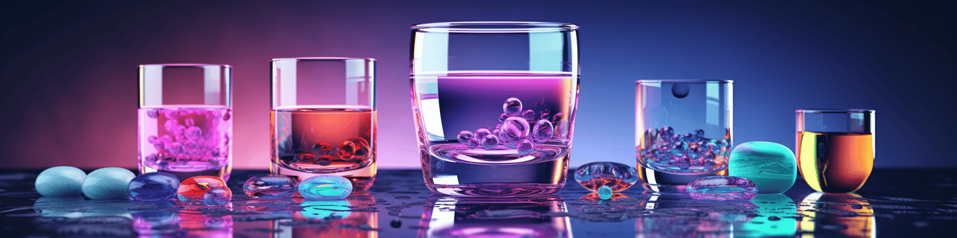 image of drug pills surrounding a glass of water symbolizing drug consumption