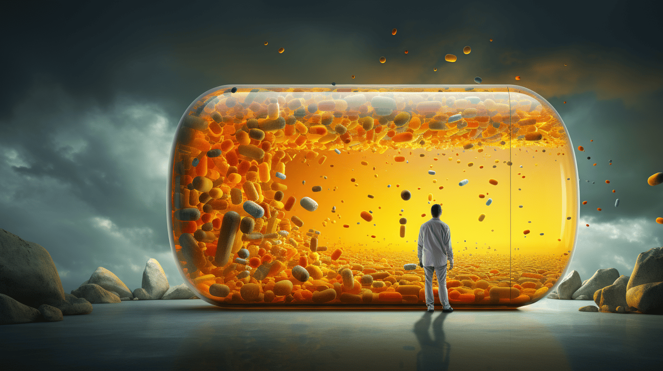 abstract image of a researcher studying a bottle of drug.