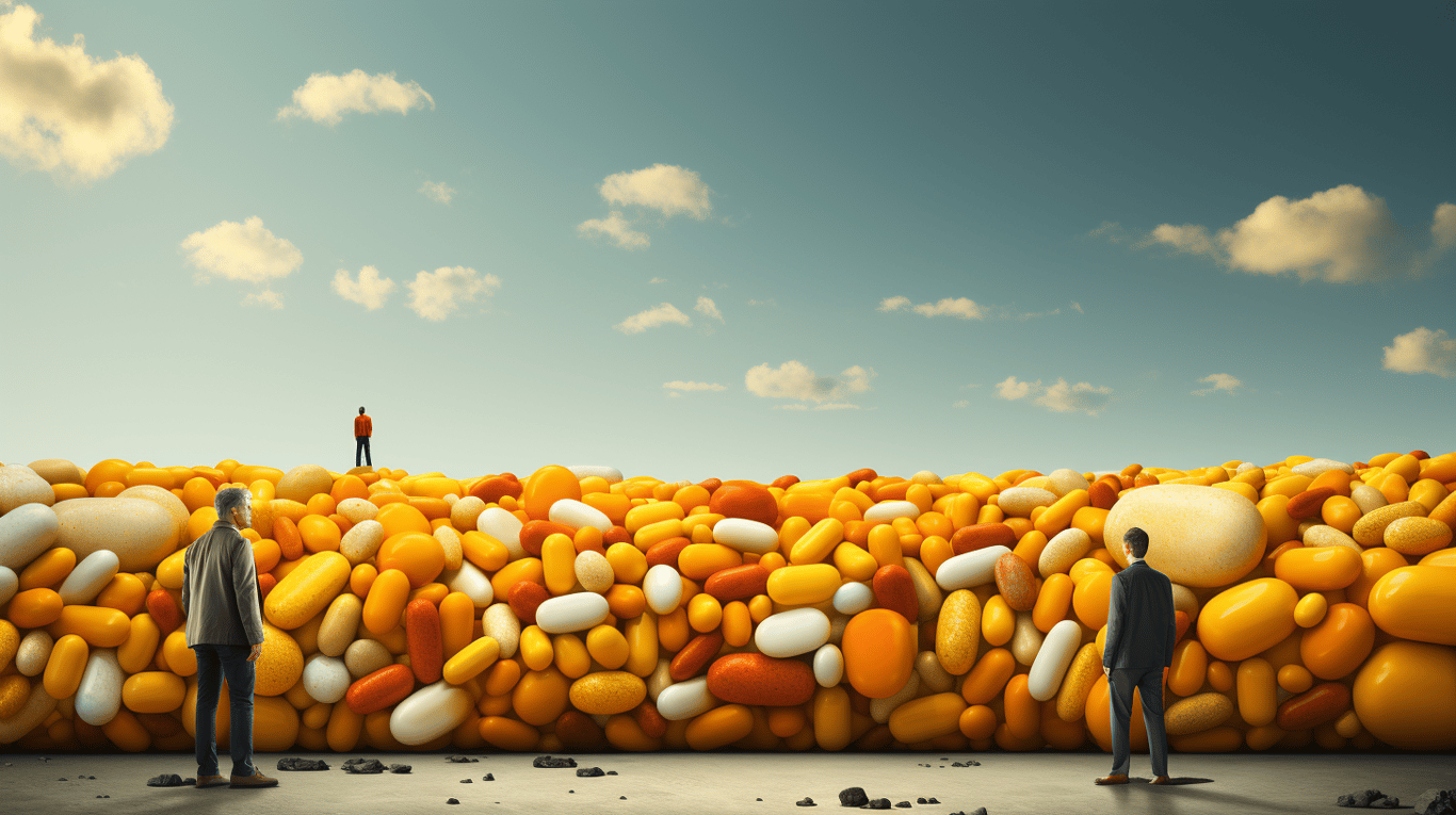 abstract image of a researcher studying a bottle of drug.