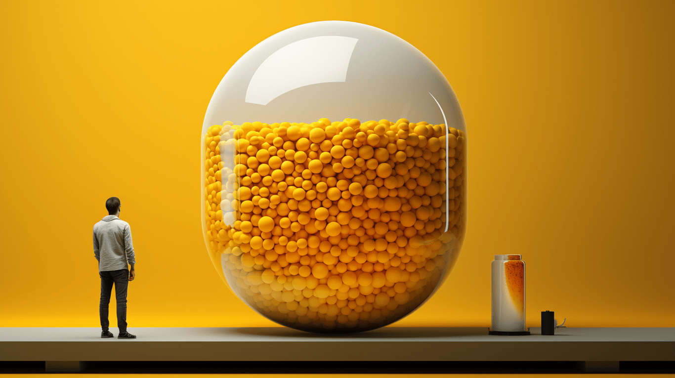 abstract image of a researcher studying a bottle of drug.