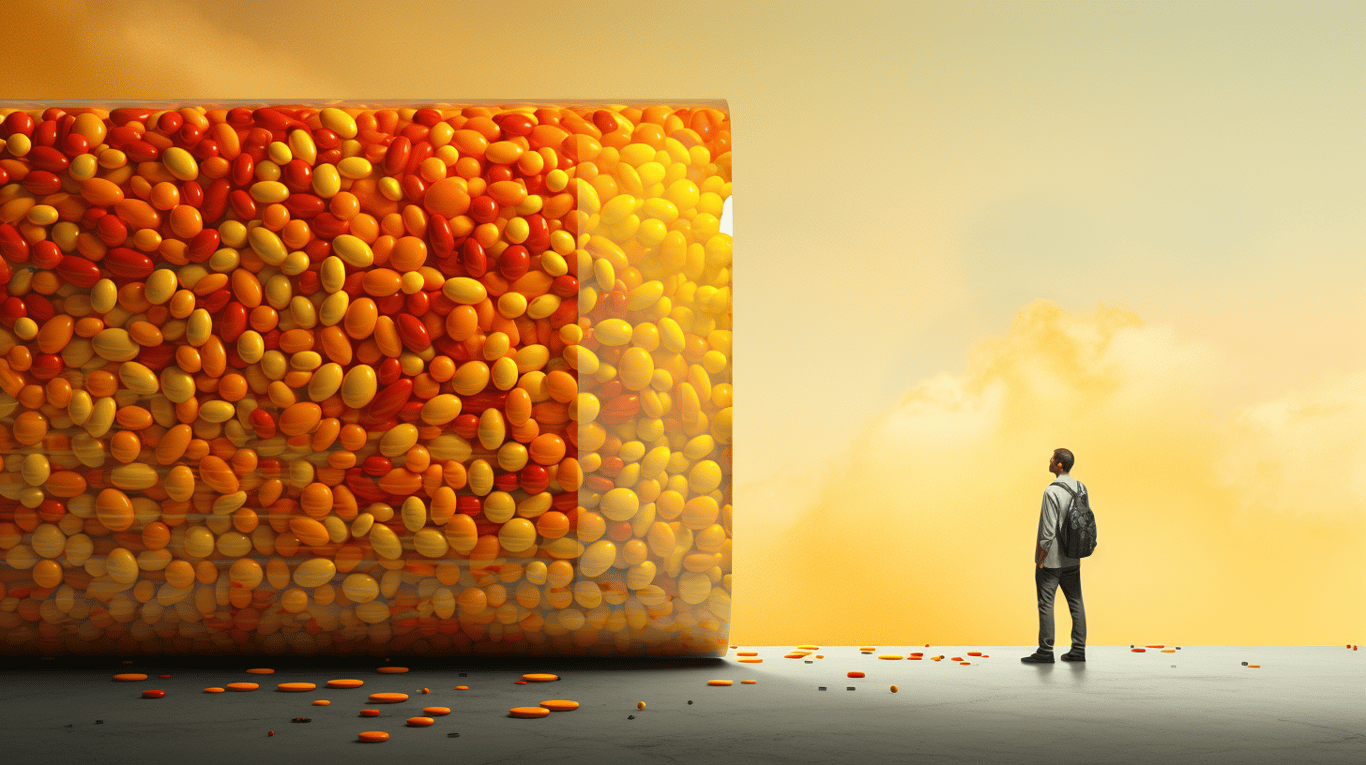 abstract image of a researcher studying a bottle of drug.