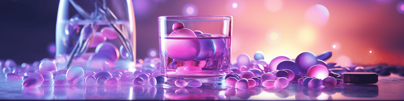 image of drug pills surrounding a glass of water symbolizing drug consumption