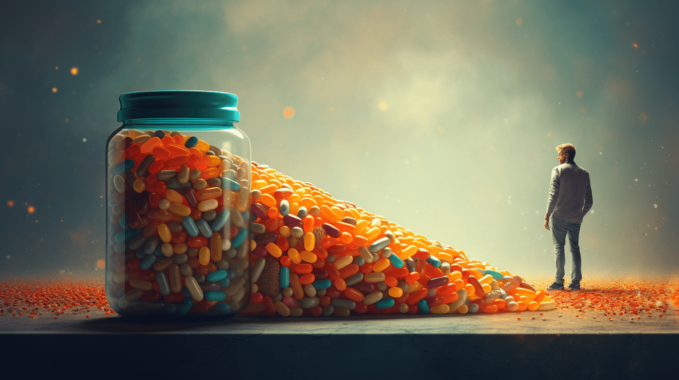 abstract image of a researcher studying a bottle of drug.