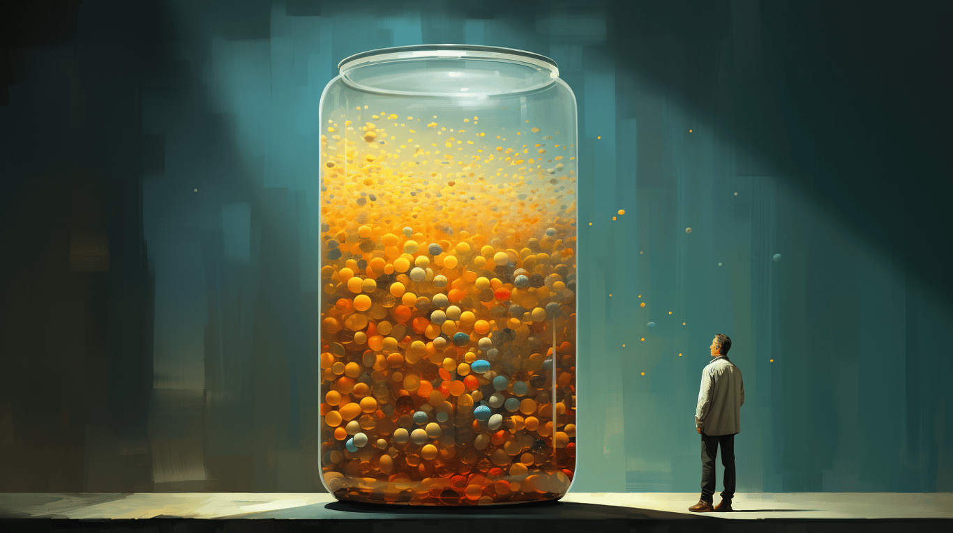 abstract image of a researcher studying a bottle of drug.