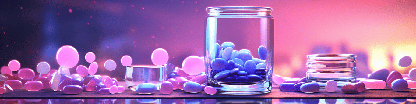 image of drug pills surrounding a glass of water symbolizing drug consumption