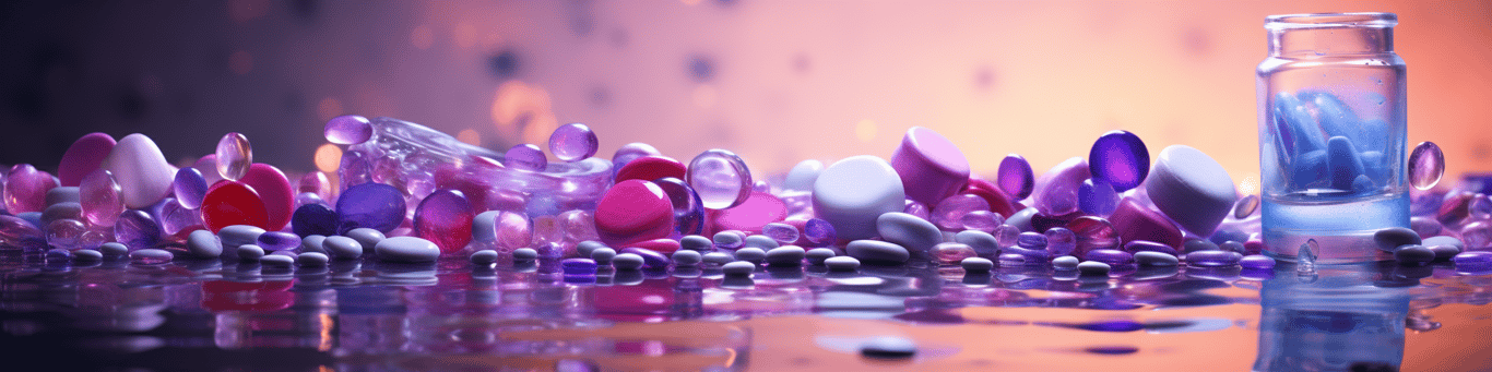 image of drug pills surrounding a glass of water symbolizing drug consumption