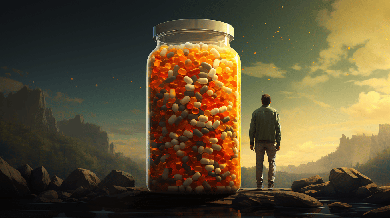 abstract image of a researcher studying a bottle of drug.