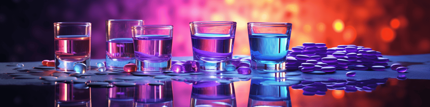image of drug pills surrounding a glass of water symbolizing drug consumption