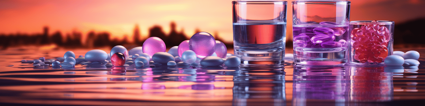 image of drug pills surrounding a glass of water symbolizing drug consumption