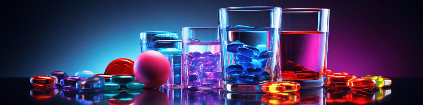 image of drug pills surrounding a glass of water symbolizing drug consumption
