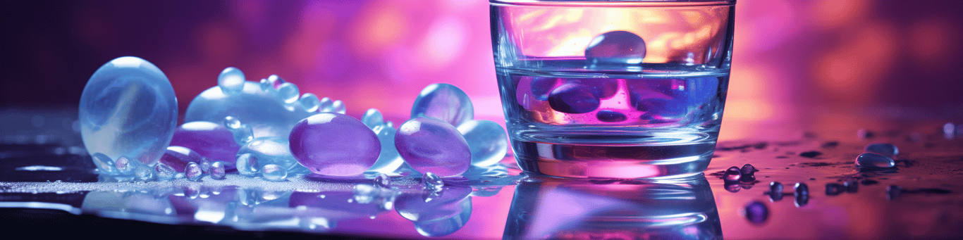 image of drug pills surrounding a glass of water symbolizing drug consumption
