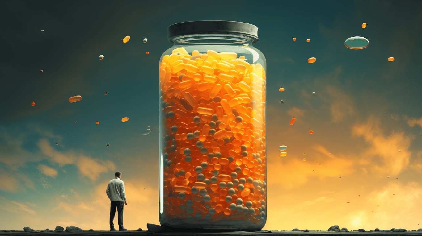 abstract image of a researcher studying a bottle of drug.