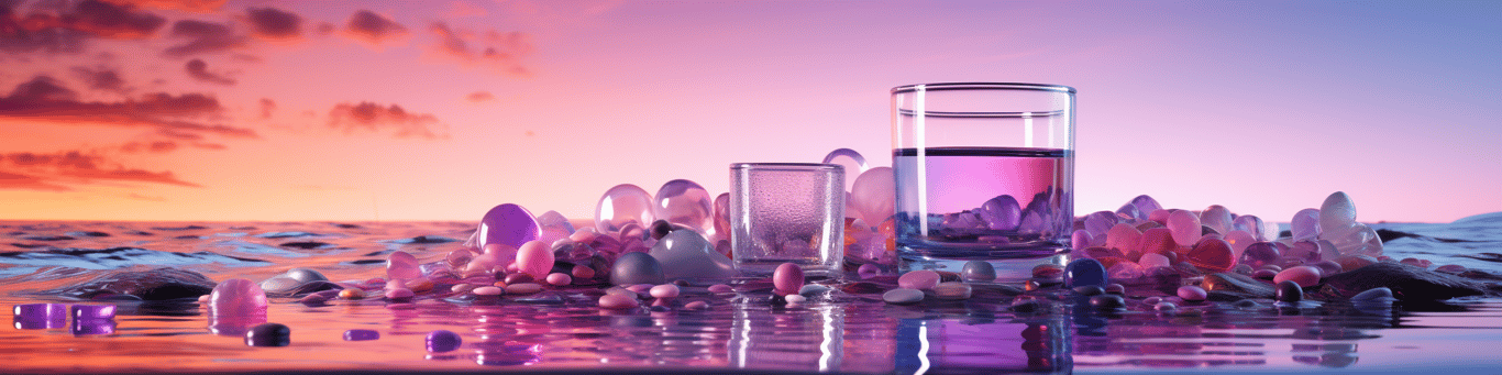 image of drug pills surrounding a glass of water symbolizing drug consumption