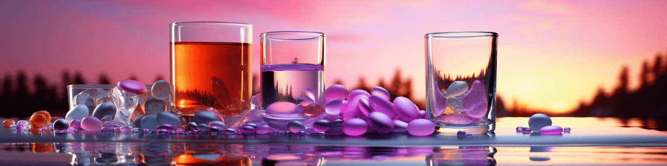 image of drug pills surrounding a glass of water symbolizing drug consumption