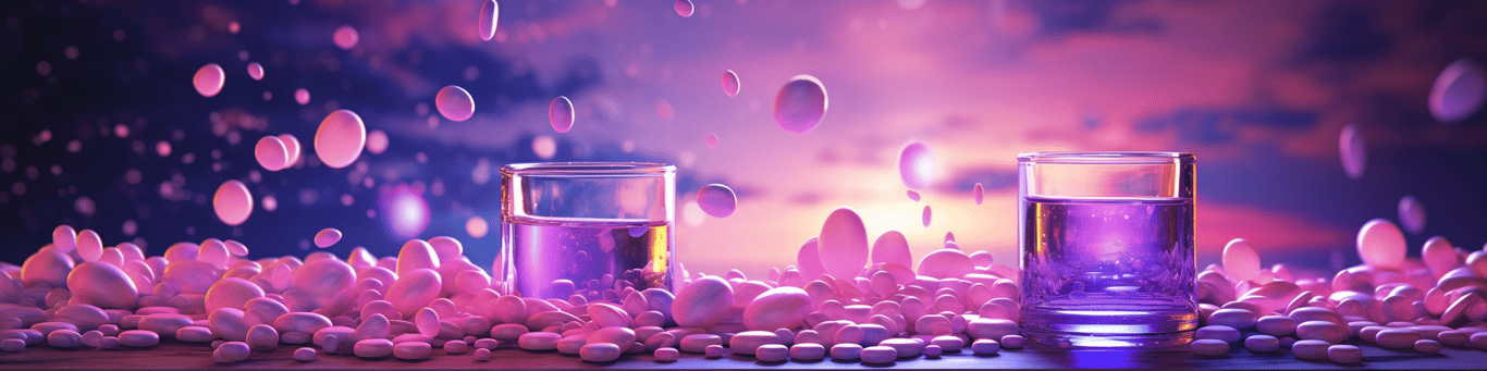 image of drug pills surrounding a glass of water symbolizing drug consumption