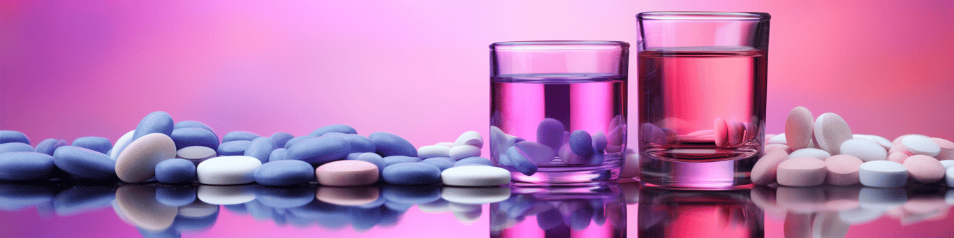 image of drug pills surrounding a glass of water symbolizing drug consumption